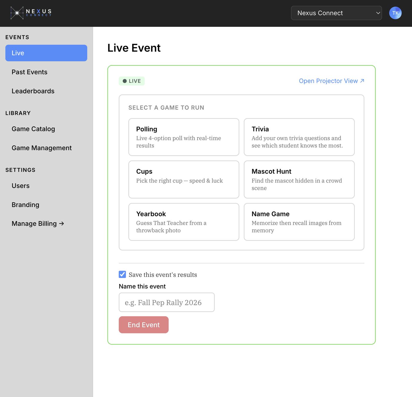 The Nexus Connect dashboard's game picker, showing Polling, Trivia, Cups, Mascot Hunt, Yearbook, and Name Game