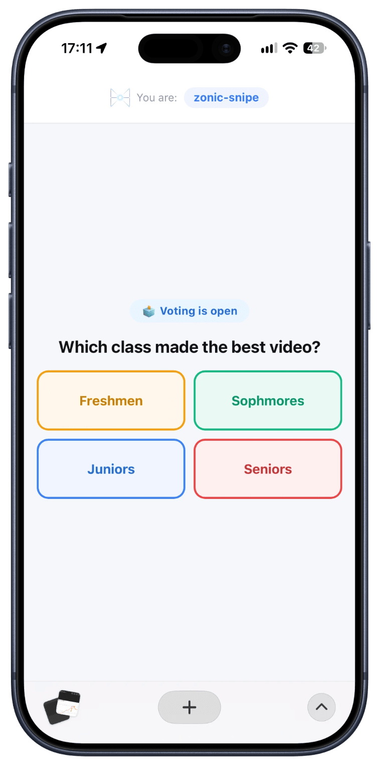 A student's phone showing a live poll question with four answer options, waiting for their vote